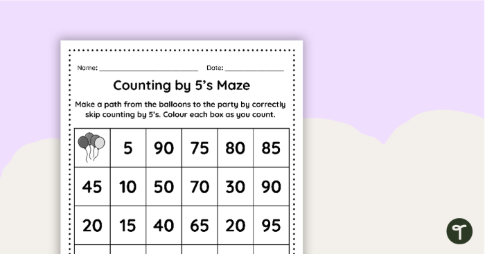 First grade worksheet featuring a maze where students count by 5's to find their way through