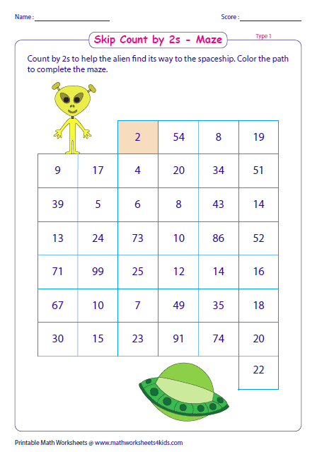 First grade worksheet featuring a path for students to count by 5s to solve the maze