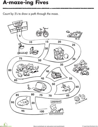 Counting by 5's maze worksheet for first graders to enhance their math skills