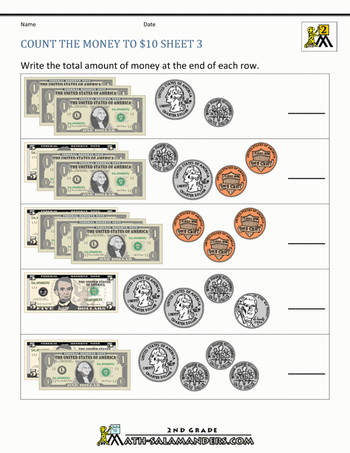 Second grade math worksheet featuring addition practice for counting dollars and coins