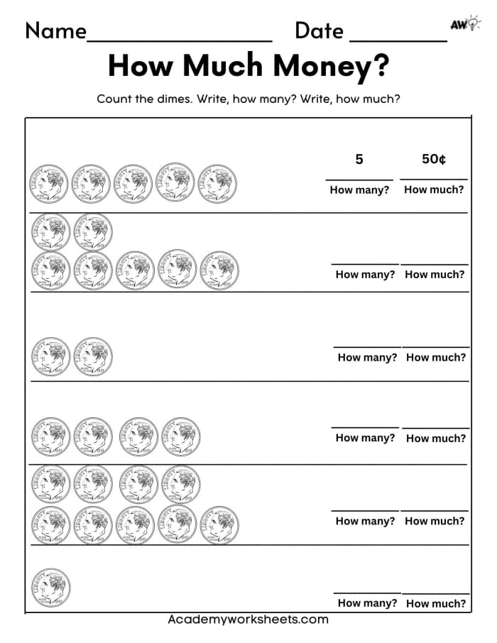 Counting Money worksheet for first graders focusing on coin values and word problems