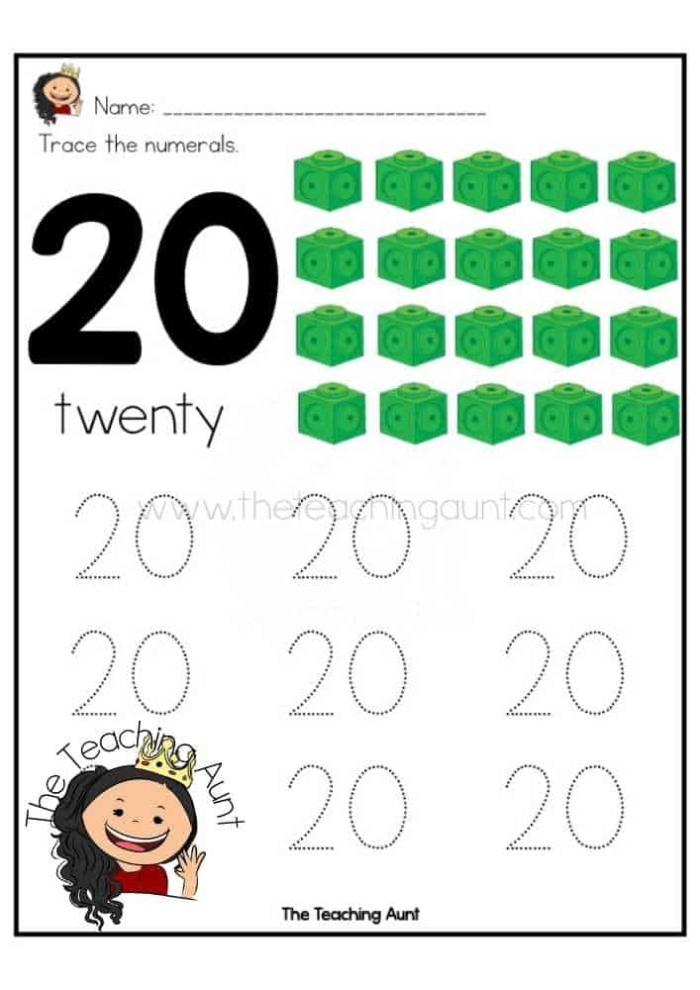 Kindergarten worksheet for practicing counting and writing numbers from 1 to 20