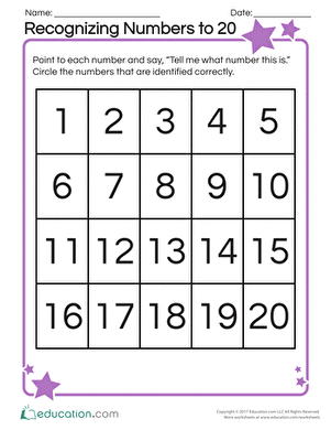 Recognizing Numbers to 20 Assessment Resource for Early Learners Kindergarten student counting and identifying numbers one through twenty on an assessment worksheet