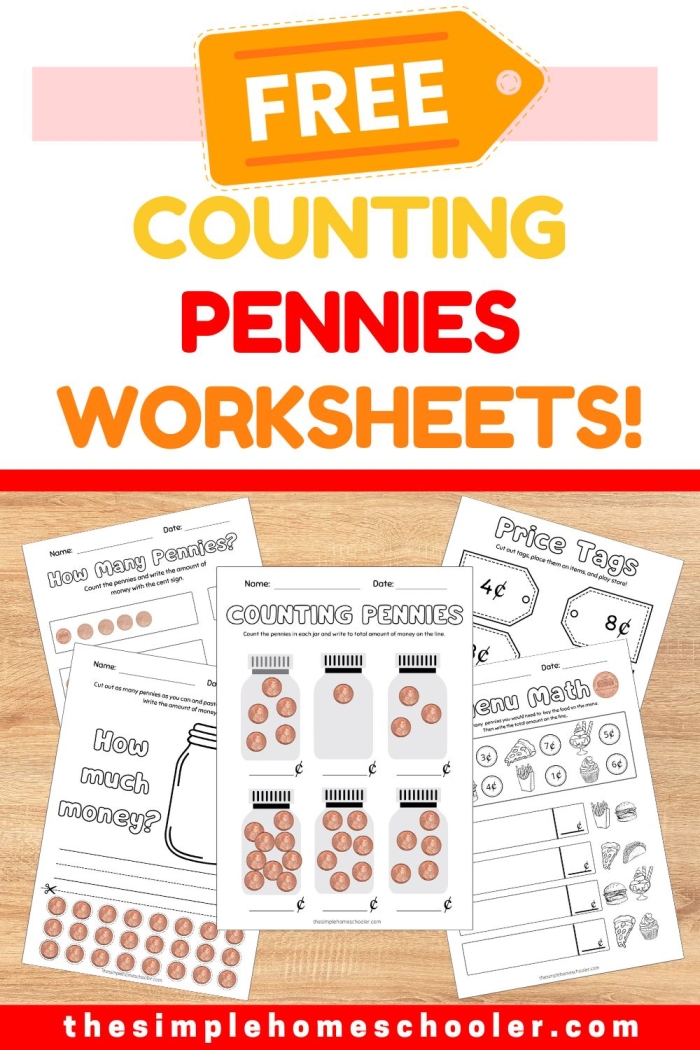 Worksheet featuring a counting activity for kindergarteners to learn how to count pennies in rows