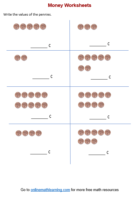 Worksheet image demonstrating counting pennies for kindergarten students