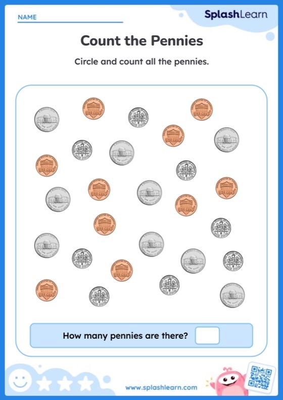 Counting pennies worksheet for kindergarten students learning to count