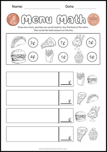 Counting pennies worksheet for kindergarten students to practice their math skills.