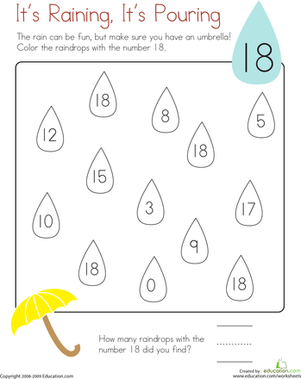 Counting Raindrops worksheet for Pre-K students illustrating matching raindrops to their corresponding numbers