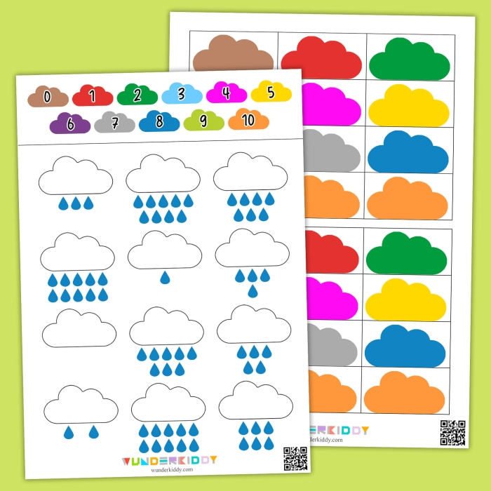 Pre-K worksheet where students count sets of raindrops and draw lines to match them with the corresponding numbers