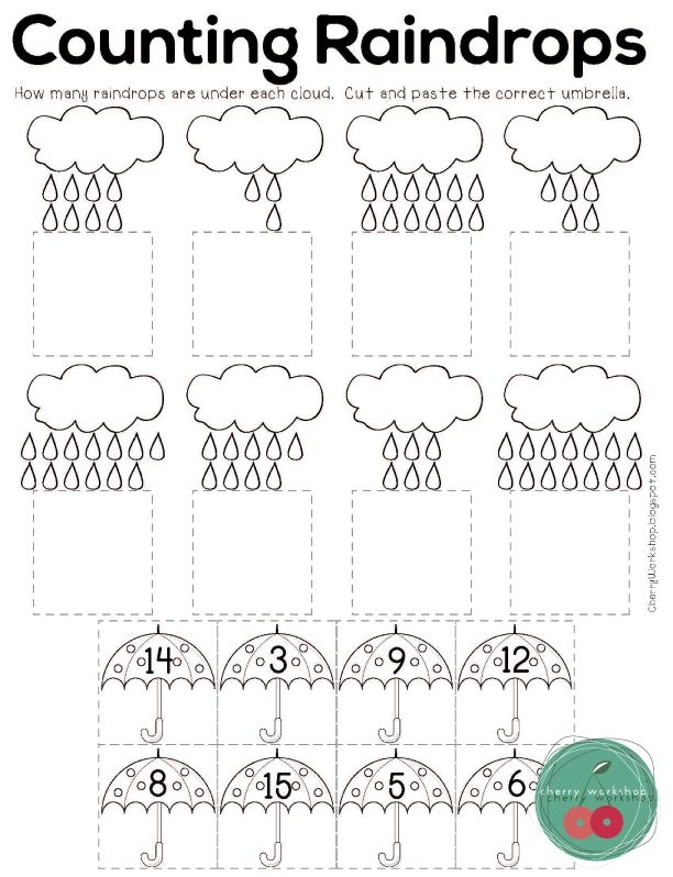 Counting Raindrops worksheet for Pre-K students featuring a matching exercise