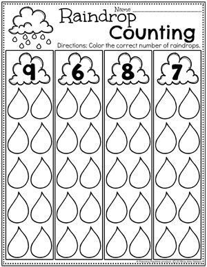 Pre-K worksheet with rows of raindrops to count and match to numbers