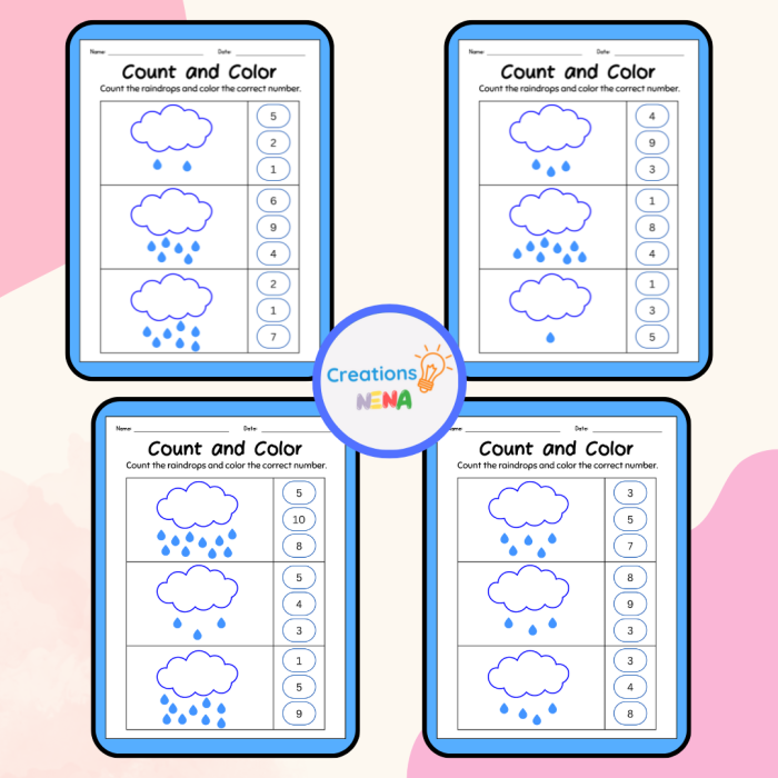 Pre-K worksheet with rows of raindrops to count and match to numbers 15