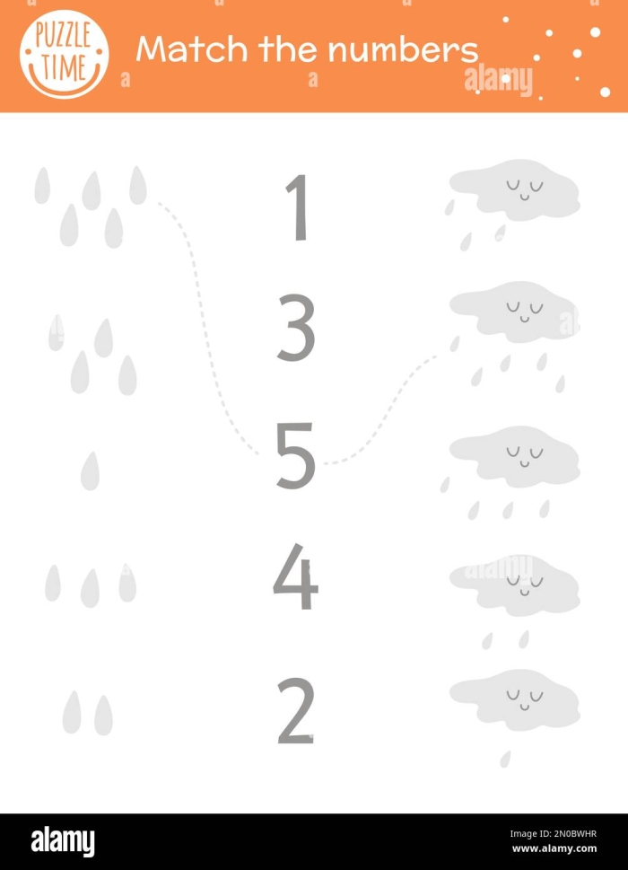 Pre-K worksheet page 14 featuring rows of raindrops to count and match to the correct number