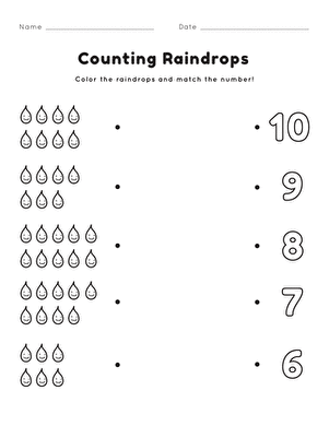 Counting Raindrops worksheet for Pre-K students showing rows of raindrops to match with numbers