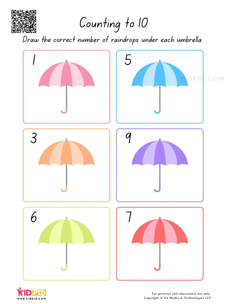 Raindrop counting worksheet for Pre-K students with matching numbers