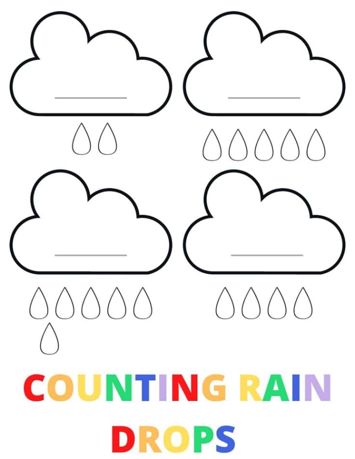 Counting Raindrops worksheet for Pre-K students featuring rows of raindrops to count and match with numbers