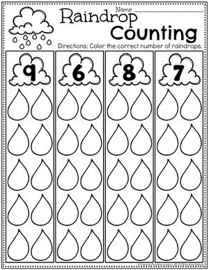 Counting Raindrops worksheet for Pre-K students showing rows of raindrops and corresponding numbers