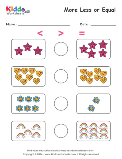 Bright and engaging More or Less Shapes worksheet for preschoolers focusing on counting and shape recognition