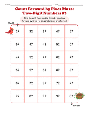 First grade worksheet featuring a maze where students count by 5's to find the correct path