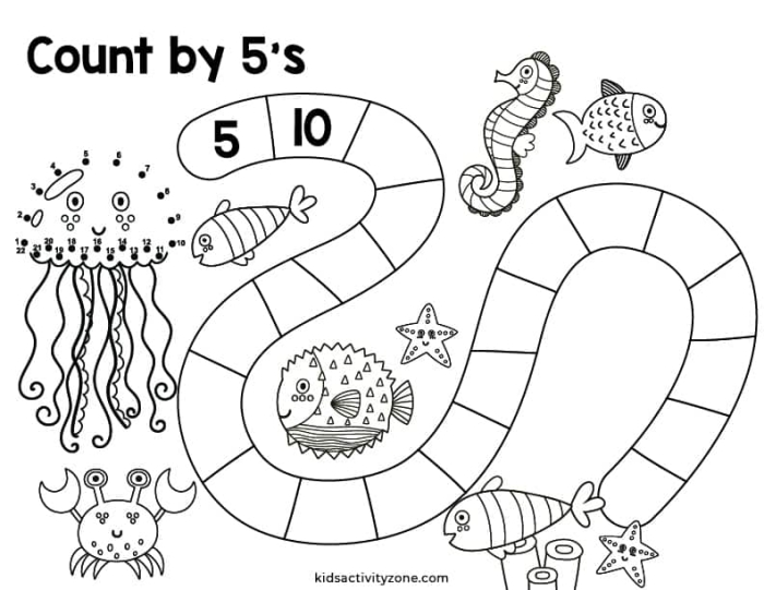 First grade worksheet featuring a path for students to count by 5s through a fun maze