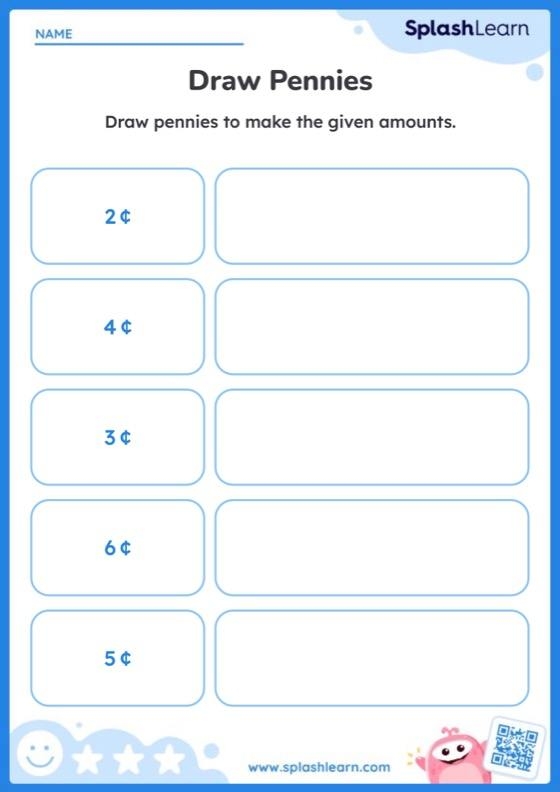 Worksheet image depicting a counting activity with pennies for kindergarten students