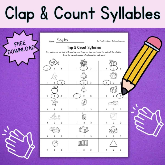 Counting syllables worksheet for first graders featuring clapping activities