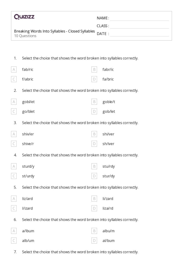 Counting Syllables Part II Worksheet Number 24 First grade student completing a Counting Syllables Part II geometry worksheet