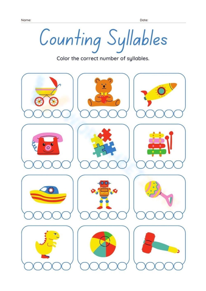 Counting syllables worksheet for first graders featuring clapping activities