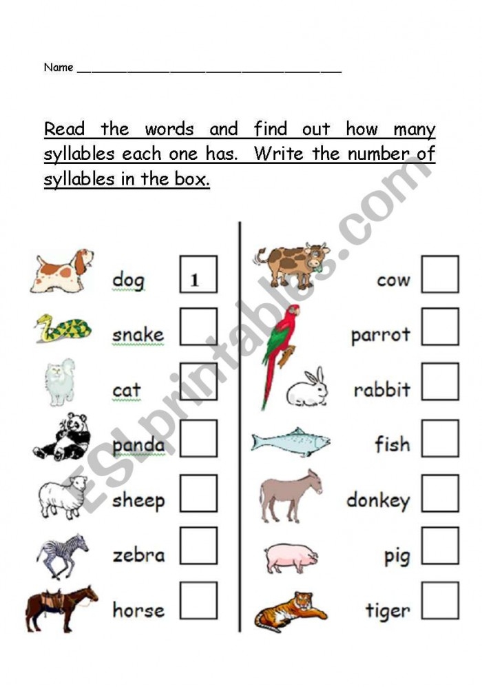Engaging phonics activity focused on animals for young learners Colorful worksheet for counting syllables in animal names for kindergarten students