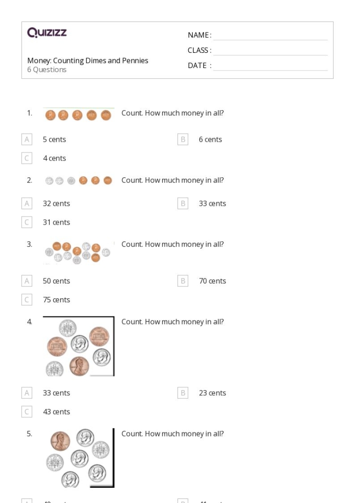 Worksheet for teaching first graders to count by tens using dimes