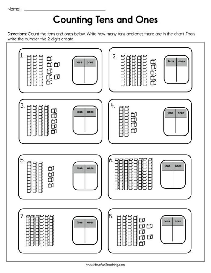 Counting Tens and Ones worksheet designed for first graders to simplify place value learning