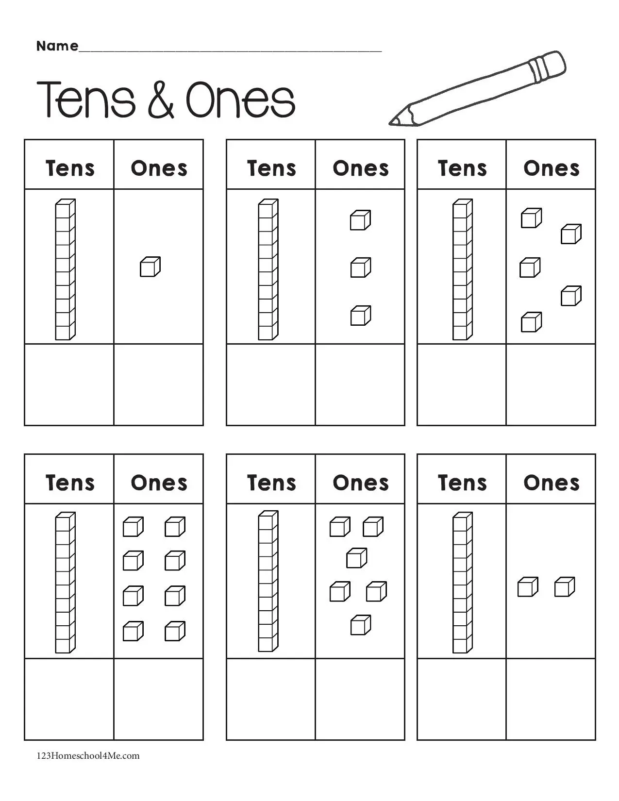 First grade student practicing place value with a counting tens and ones worksheet