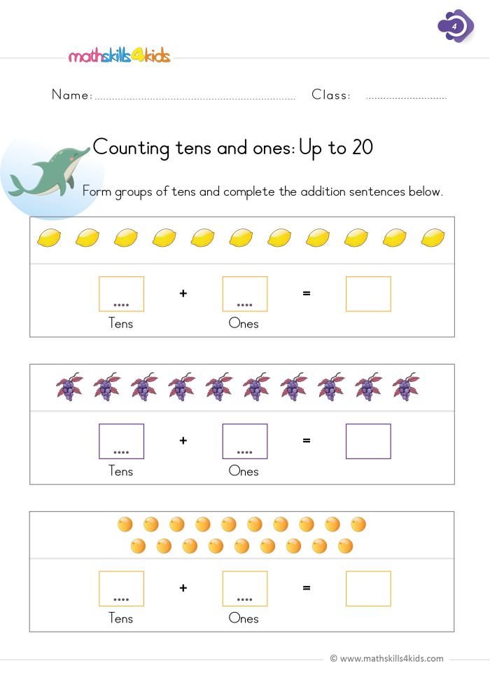 Counting Tens and Ones worksheet for first graders focusing on place value concepts