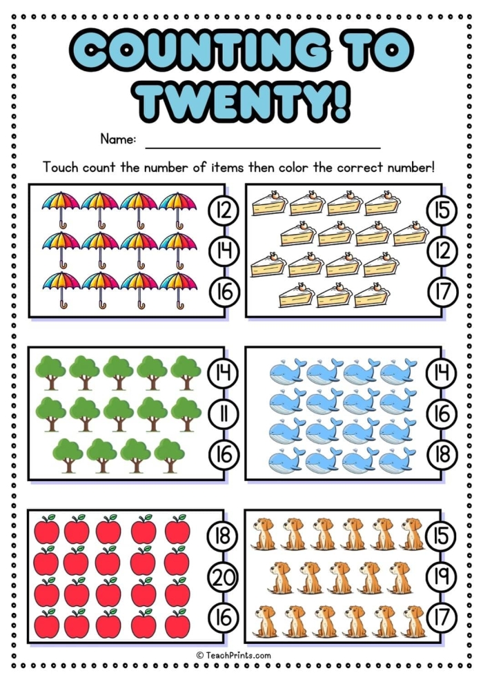 Counting to 20 Assessment Worksheet Number 18 for Algebra Skills Pre-K student working on a counting to 20 assessment worksheet to track math progress