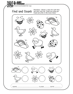 Kindergarten worksheet featuring a mama bird leading her chicks along a path numbered one to 20