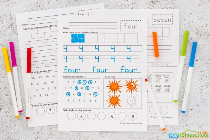 Kindergarten student filling out a printable worksheet for practicing numbers 1 through 20