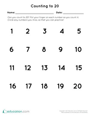 Counting to 20 Assessment Worksheet 25 for Early Learners Pre-K students practicing number sequence recognition from 1 to 20 on an assessment worksheet for counting skills evaluation