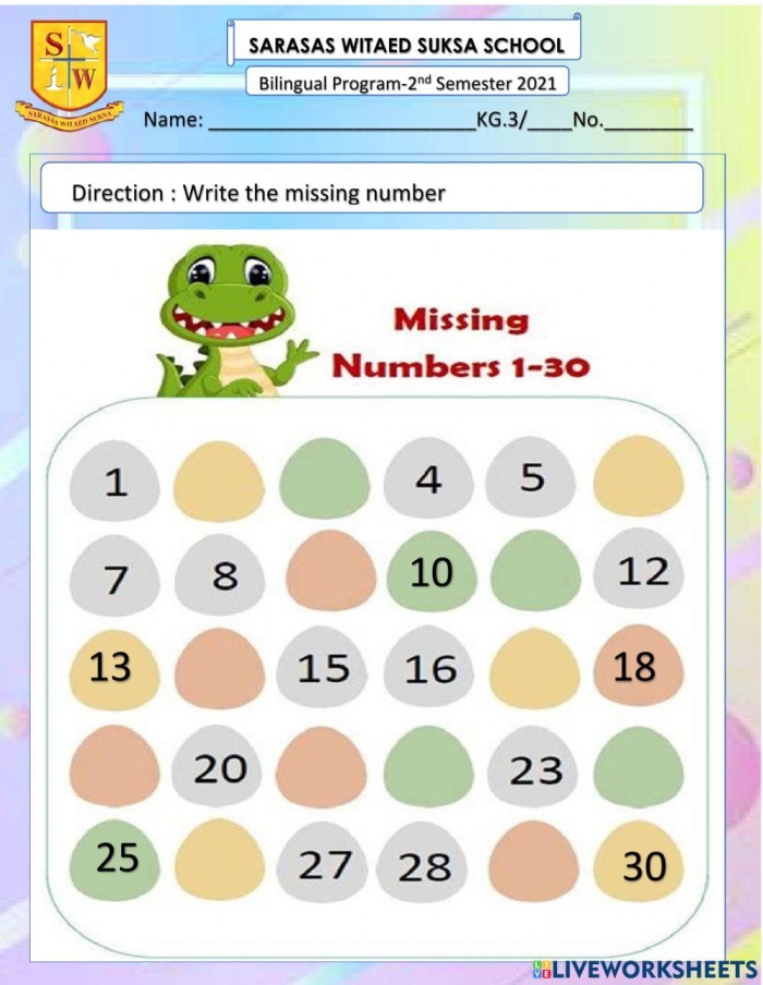 Kindergarten worksheet with missing numbers up to 30 for students to practice counting and writing