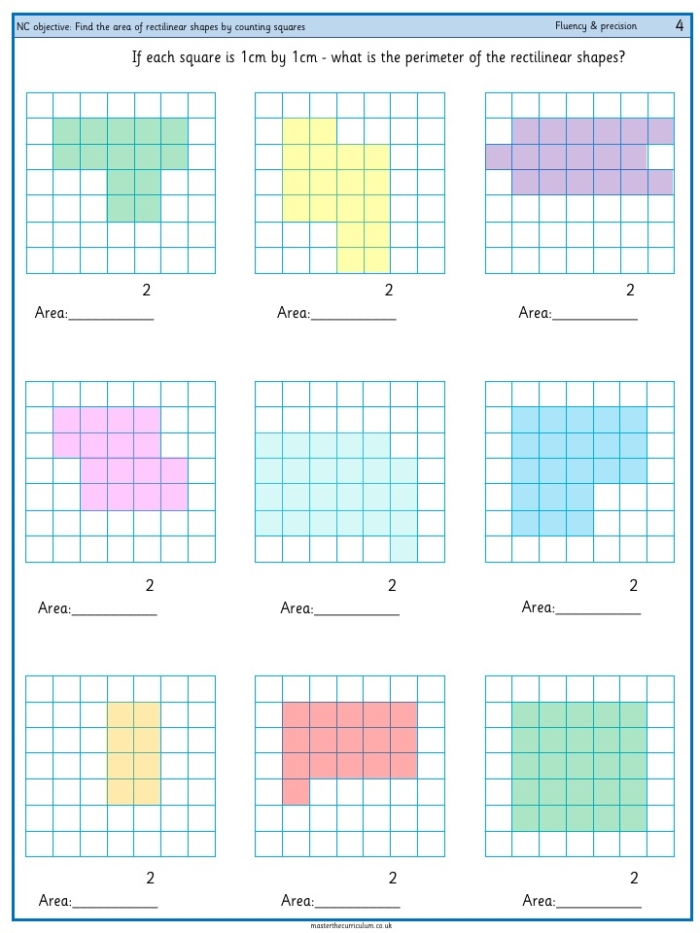Third grade student worksheet showing shapes on a grid to practice counting unit squares for area measurement