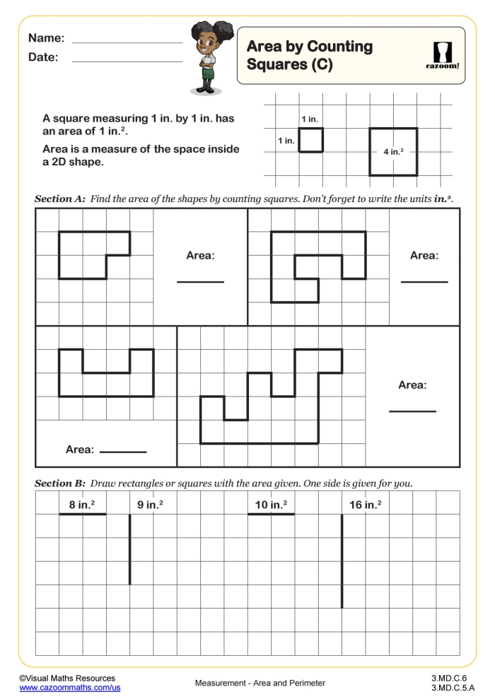 Third grade student worksheet for calculating area by counting unit squares inside various geometric shapes