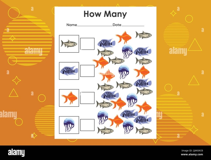 Counting worksheet for preschoolers with a fun fish theme