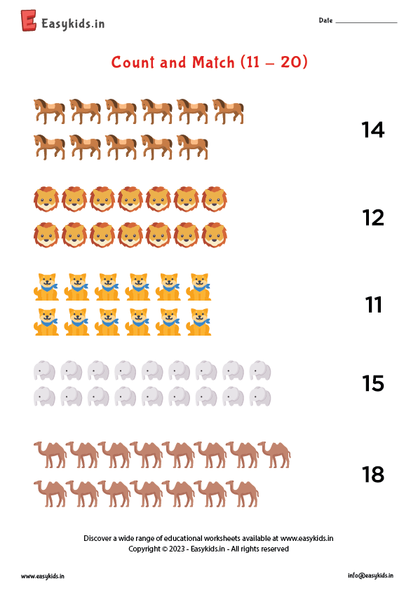 Printable worksheet for kindergarten focusing on counting numbers 11 to 20