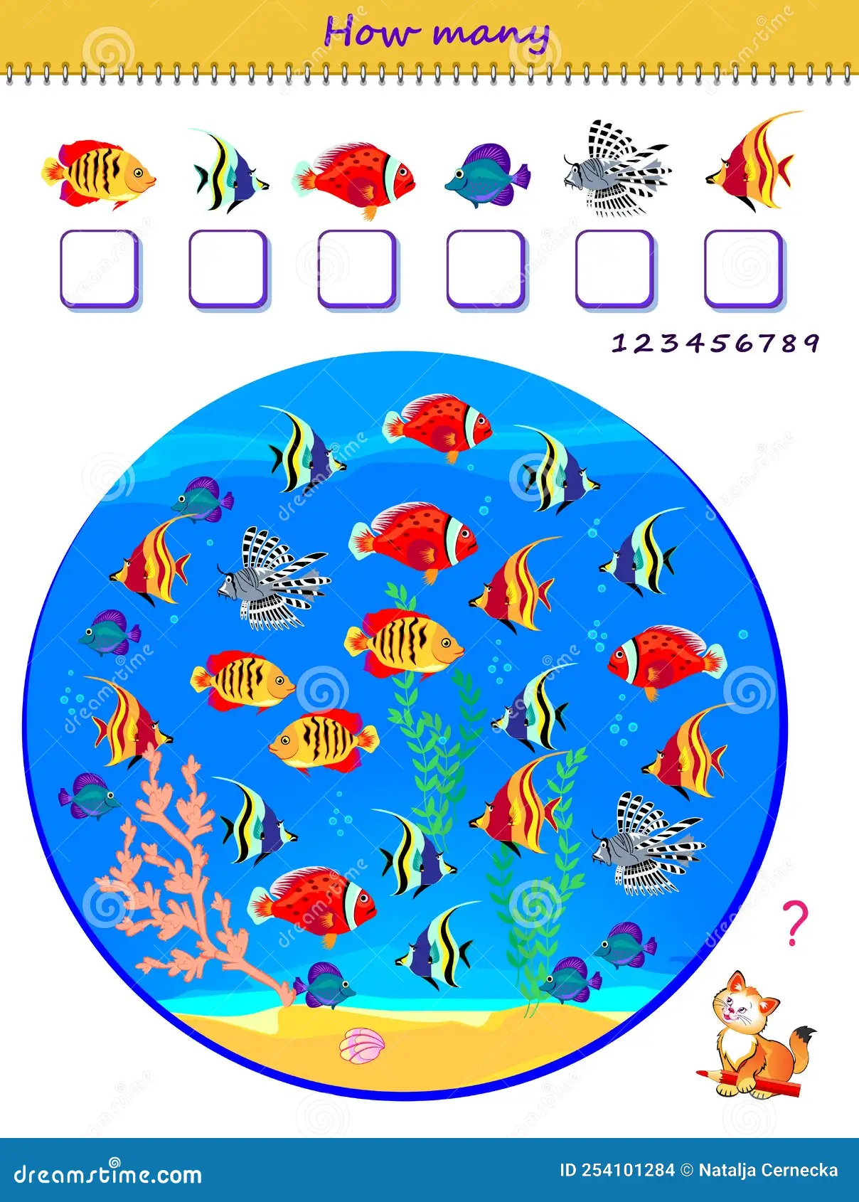 Counting worksheet for preschool children with a playful fish theme
