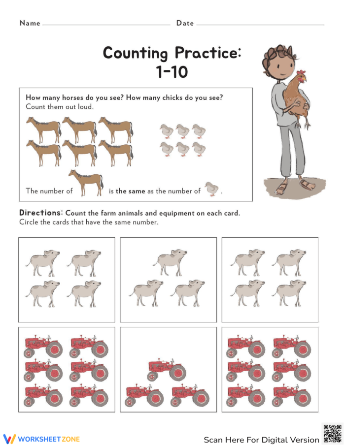Reading worksheet for Pre-K Counting Practice worksheet for numbers 1 to 10, designed for Pre-K children. Engaging math activity to help kids learn counting and comparing amounts.