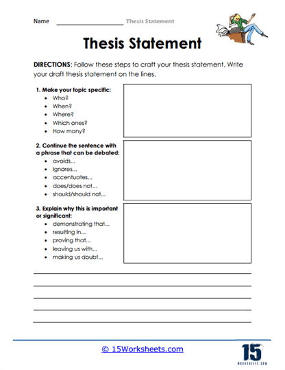 Crafting a Thesis Statement worksheet for fourth graders focusing on literary essay writing