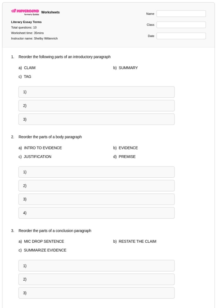 Worksheet for crafting thesis statements in literary essays for fourth graders