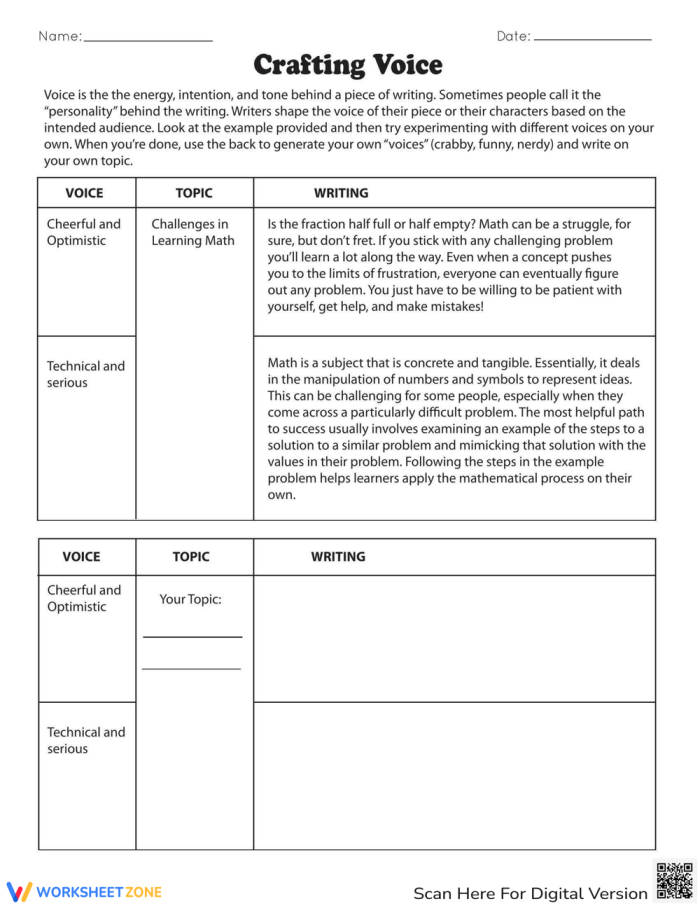 Worksheet image showcasing techniques for developing voice in informative writing Crafting Voice in Informational Writing worksheet for sixth graders focusing on grammar and mechanics