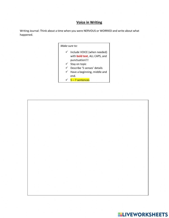 Worksheet to help students enhance their writing voice in informational texts Crafting Voice in Informational Writing worksheet for sixth graders focusing on grammar and mechanics