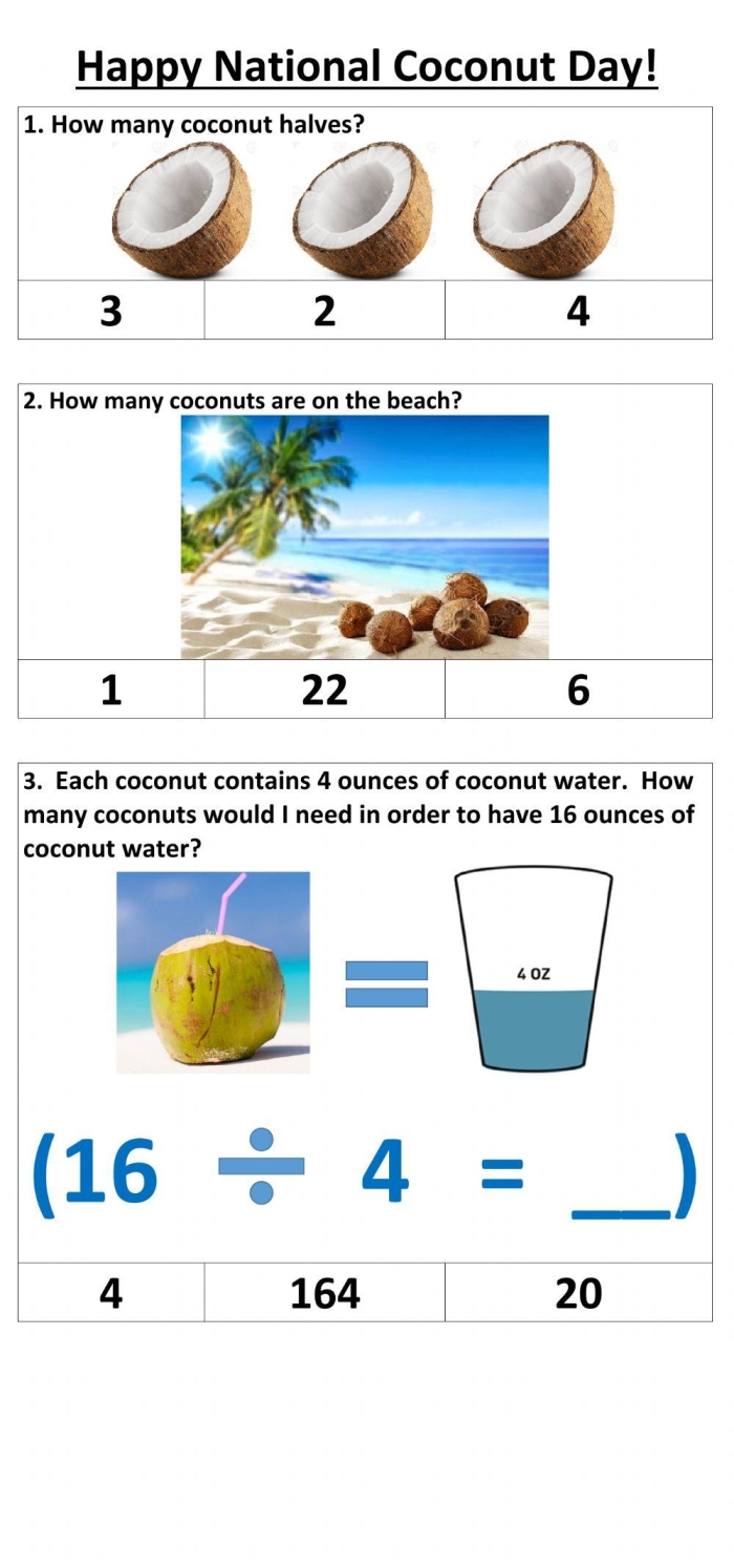Crazy Coconut Fractions Math Worksheet for Fourth Grade Students Number 6 Fourth grade math worksheet featuring Crazy Coconut Fractions addition problems with common denominators