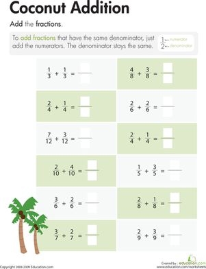 Crazy Coconut Fractions worksheet for adding fractions with common denominators Fourth grade math worksheet showing addition problems with fractions that share the same denominator